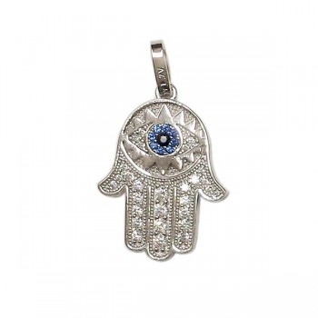Sterling Silver Pendant 23X17mm Clear Cubic Zirconia Hamsa Hand with Bl Cubic Zirconia Evil Eye
