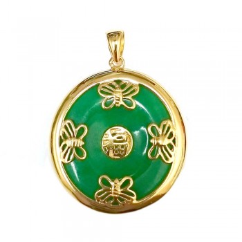 Sterling Silver Pendant Green Jade Doughnut Butterfly Style-Gold Pl