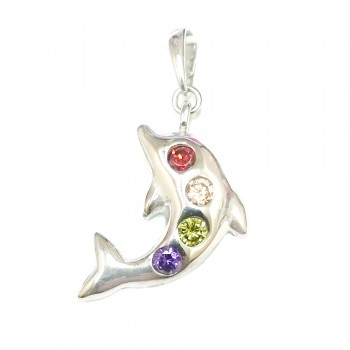 Sterling Silver Pendant Dolphin with Multicolors Cubic Zirconia