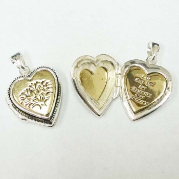Sterling Silver Heart Lockt Pendant Gold Plt Heart with Oxidized Tree