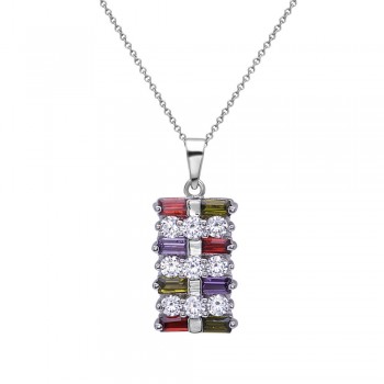 Sterling Silver Pendant Olivine+Garnet +Champagne+Amethyst Baguette Cubic Zirconia with Rd Clear Cubic Zirconia Btwn