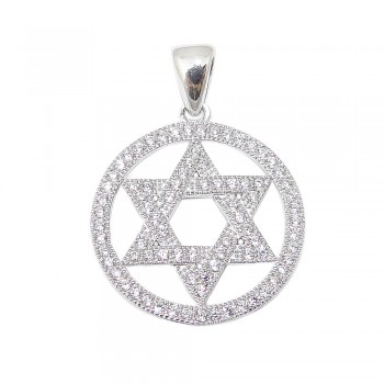 STERLING SILVER PENDANT 18MM CIRCLE & JEWISH STAR PAVE CLEAR CUBIC ZIRCONIA