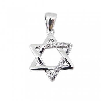 STERLING SILVER PENDANT JEWISH STAR WITH ONE SIDE CLEAR CUBIC ZIRCONIA