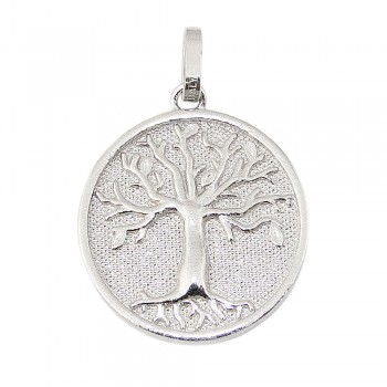 STERLING SILVER PENDANT 22MM TEXTURED CIRCLE WITH TREE OF LIFE