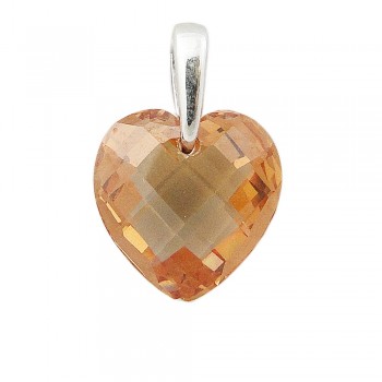 STERLING SILVER PENDANT CHAMPAGNE CUBIC ZIRCONIA CHESS CUT HEART WITH BAIL
