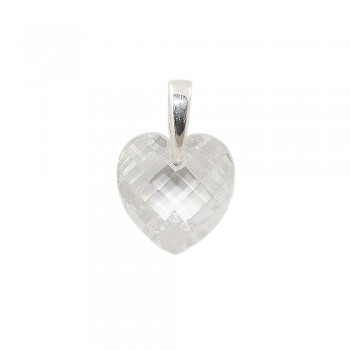 STERLING SILVER PENDANT CLEAR CUBIC ZIRCONIA CHESS CUT HEART WITH BAIL