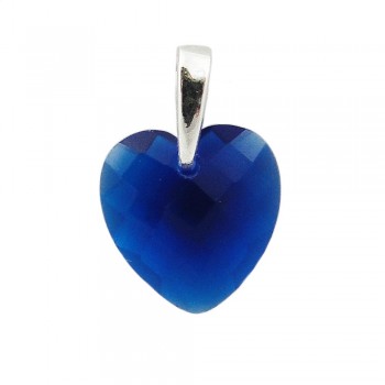 STERLING SILVER PENDANT SAPPHIRE GLAS CHESS CUT HEART WITH BAIL