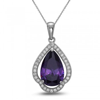 STERLING SILVER PENDANT TEAR DROP AMETHYST CUBIC ZIRCONIA AROUND