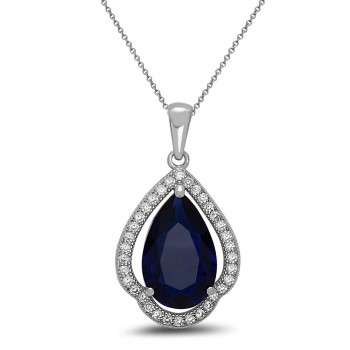 STERLING SILVER PENDANT TEAR DROP SAPPHIRE GLASS CUBIC ZIRCONIA AROUND