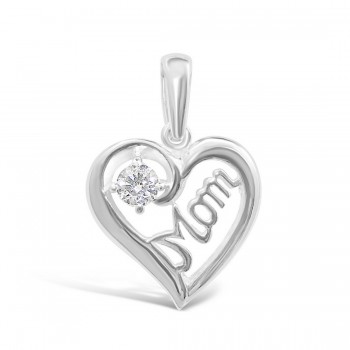 STERLING SILVER PENDANT HEART LINE "MOM" WORDING 1 CLEAR CUBIC ZIRCONIA