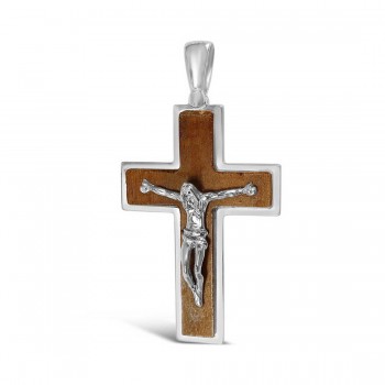 Sterling Silver Pendant Cross Crucified Jesus Wood Cross Base-R