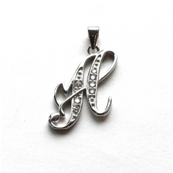 Sterling Silver Pendant Initial H Script Clear Cubic Zirconia