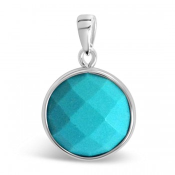 Sterling Silver Pendant Round Faux Turquoise Chess Cut Silver W