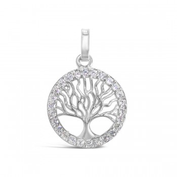 Sterling Silver Penddant Tree Of Life Clear Cubic Zirconia Circle