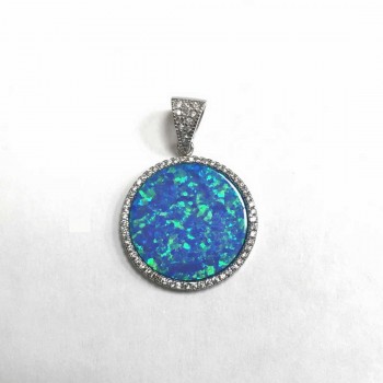 Sterling Silver Pendant Round In Blue Synthetic Op