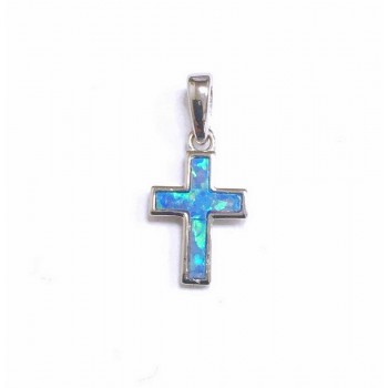 Sterling Silver Pendant Small Cross Blue Lab Created Opal