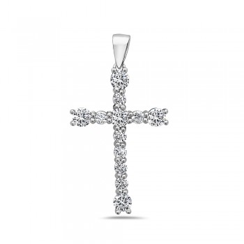 Sterling Silver Pendant Cross 3 Mm+4 Mm Clear Round Cubic Zirconia