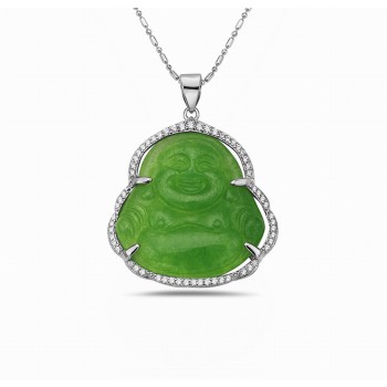 Sterling Silver PENDANT BUDDHA WHITE JADE CARVED IN GREEN Cubic Zirconia FR-6S-5057JCL
