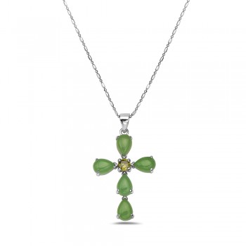 Sterling Silver PENDANT CROSS WITH 5 PCS GREEN JADE AND 1 PC OF-6S-5066J