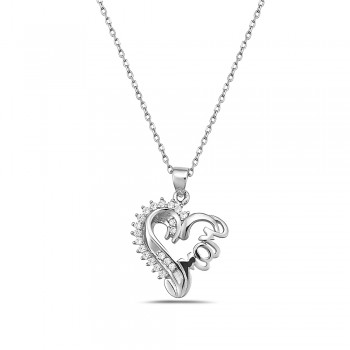 Sterling Silver PENDANT HEART WITH mom WORDING CZ ONE SIDE