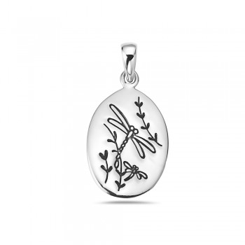 Sterling Silver PENDANT OVAL DRAGONFLY IN THE GARDEN OXIDIZED A