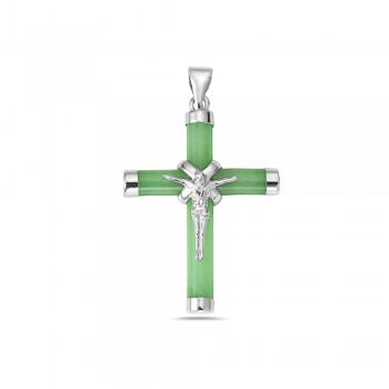 Sterling Silver PENDANT JESUS ON THE CROSS DYED GREEN JADE CROS