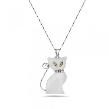 Sterling Silver PENDANT WHITE JADE KITTY CZ OLIVE GREEN KITTY EYES