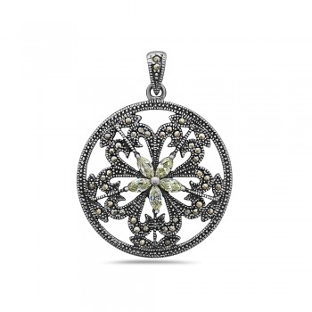 Marcasite Pendant 28mm Round with Light Per.Cubic Zirconia Marquis Flower