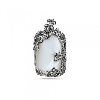 Marcasite Pendant 26.5mmx19.5mm Rectangular White Mother of Pearl with Marcasite Butterf