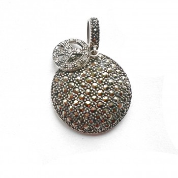 Marcasite Pendant 26X26mm Pave Marcasite Round with Clear Cubic Zirconia Open Peace S