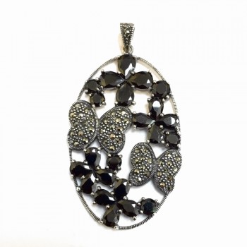 MS PENDANT OVAL BUTTERFLY FLOWERS IN BLACK CZ