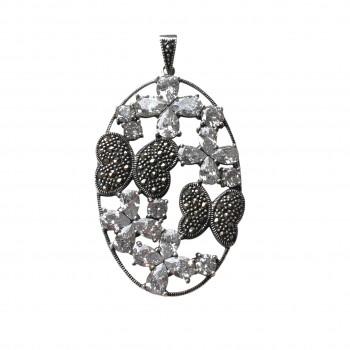 Marcasite Pendant 48X29mm Oval 4 (4Pcs) Petals Clear Cubic Zirconia Flower+But
