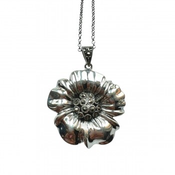 Marcasite Pendant Silver Flower Petals with Pave Marcasite Ctr