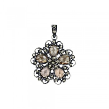 Marcasite Pendant 25X25mm 5 Champagne Cubic Zirconia Chess Cut Flower Petals