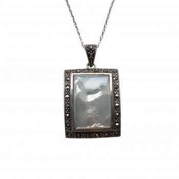 Marcasite Pendant 27X23mm White Mother of Pearl Rectangular with Pave Marcasite Around B