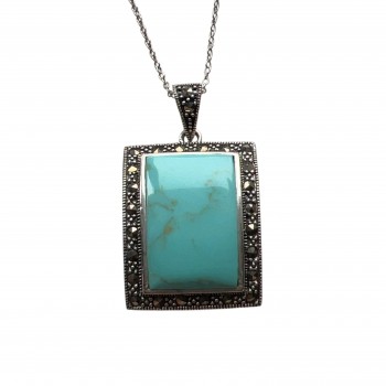Marcasite Pendant 27X23mm Faux Turquoise Rectangular with Pave Marcasite Around Ben