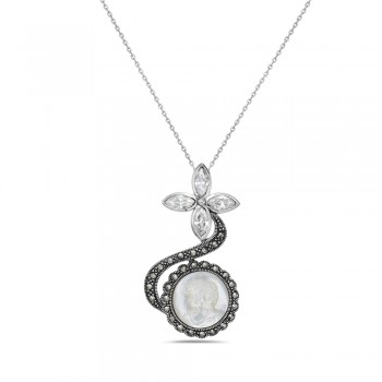 Marcasite White Cameo with Flower with Clear Cubic Zirconia