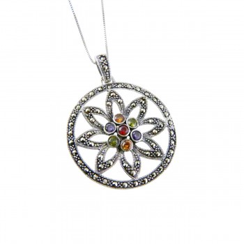 Marcasite PENDANT ROUND LINE CENTER SUN FLOWER MULTICOLOR-6M-1938MC