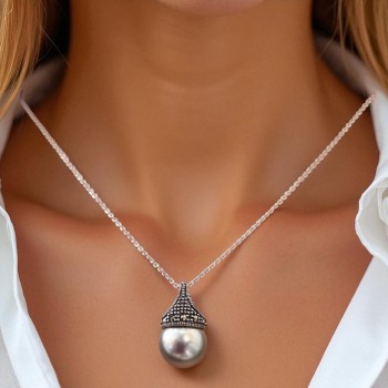 Marcasite Pendant 12mm White Pearl Ball Marcasite Around