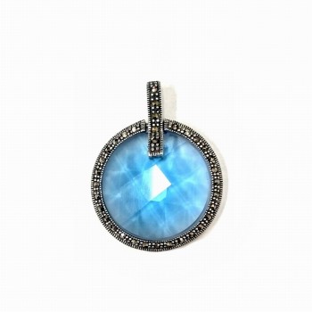 Marcasite Pendant Aqua Marine Glass Chess Cut Round Swing with Marcasite Circl