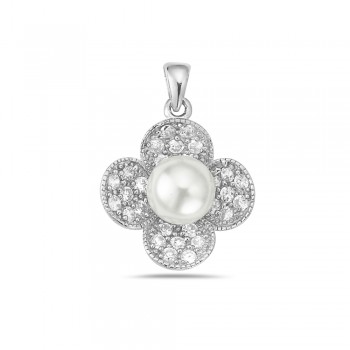 Sterling Silver Pendant White Faux Pearl 8mm with 4 Pave Cubic Zirconia Petals