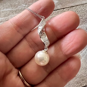 Sterling Silver Pendant Cubic Zirconia Baguette Top+White Mother of Pearl Pearl Drop