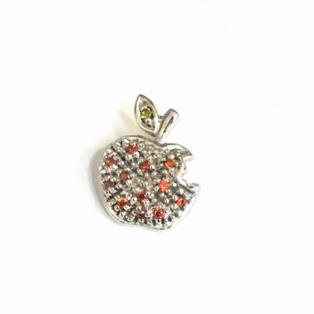 Sterling Silver Pendant 1 Bite Garnet +Cubic Zirconia Apple with Olive Cubic Zirconia Leaf