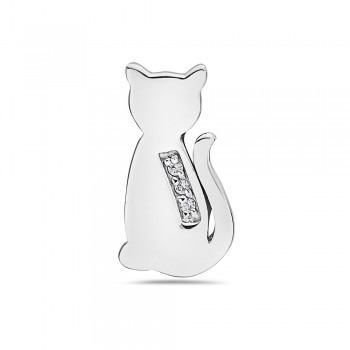 Sterling Silver Pendant Pussy Cat with Clear Cubic Zirconia--Rhodium Plating/Nickle Free--
