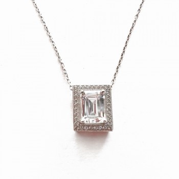 Sterling Silver Pendant Micropave 8X6mm Rectangular Clear Cubic Zirconia