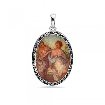 Sterling Silver PENDANT OVAL PORCELIAN WITH PICTURES OXIDIZED S