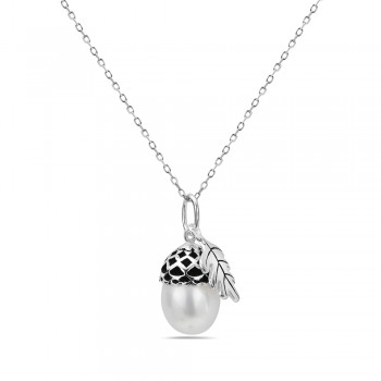 Sterling Silver PENDANT ACORN WITH LEAF FRESH WATER PEARL DROP