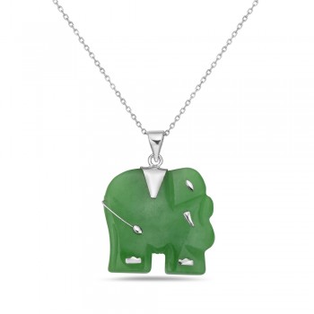 Sterling Silver PENDANT GREEN JADE CARVED ELEPHANT W SILVER CAR