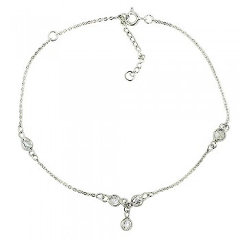 Sterling Silver Anklet Round Clear Cubic Zirconia Bezel with A Drop of Round