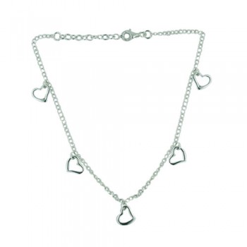 Sterling Silver Anklet Plain 9.25" 5 Open Heart Charms--E-coated/Nickle Free